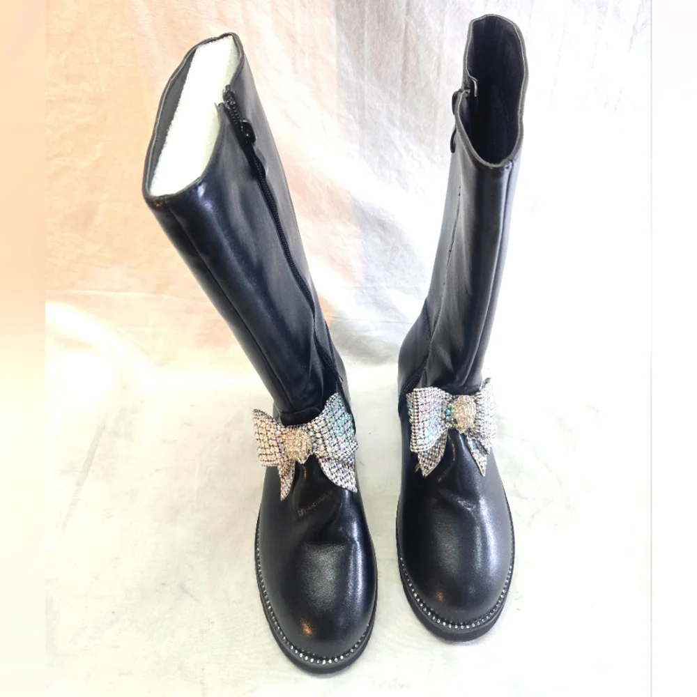 KURT GEIGER Girl's 4M Black Kensington Bow Crystal Leather Women's 5 Boots New